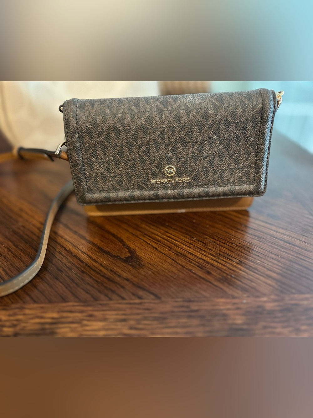 Michael Kors Brown MK Signature Crossbody Wallet with Gold Hardware